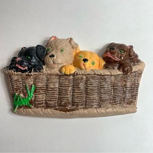 Vintage Chalkware Wall Hanging Puppies In Basket.